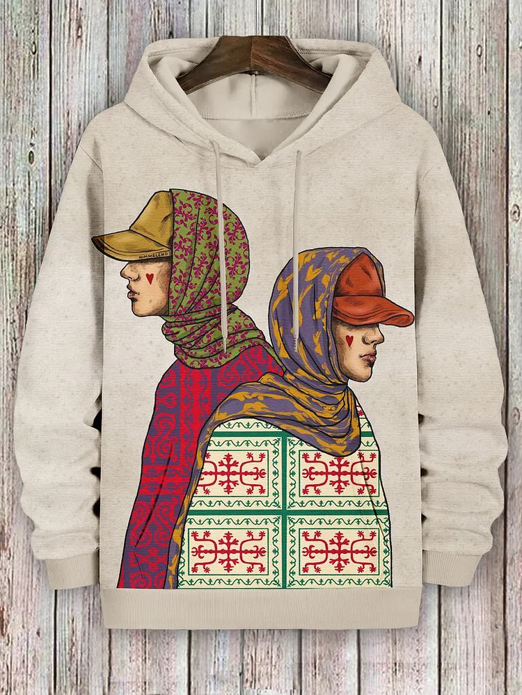 Men's Retro Ethnic Pattern Black Boys Print Hooded Sweatshirt