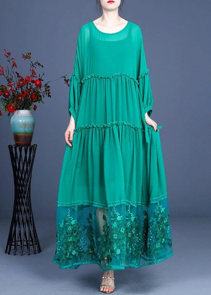 Simple Green Patchwork Lace Embroideried Hollow Out Summer Dress