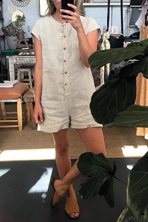 Button Pockets Short Sleeve Romper