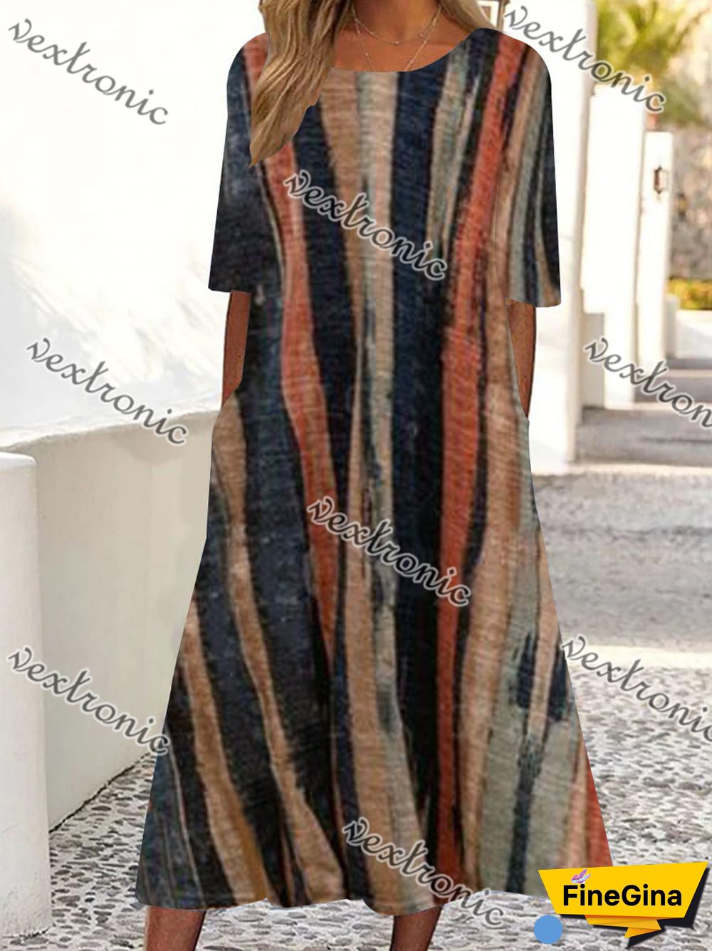 Women's Colorful Scoop Neck Short Sleeve Graphic Midi Dress