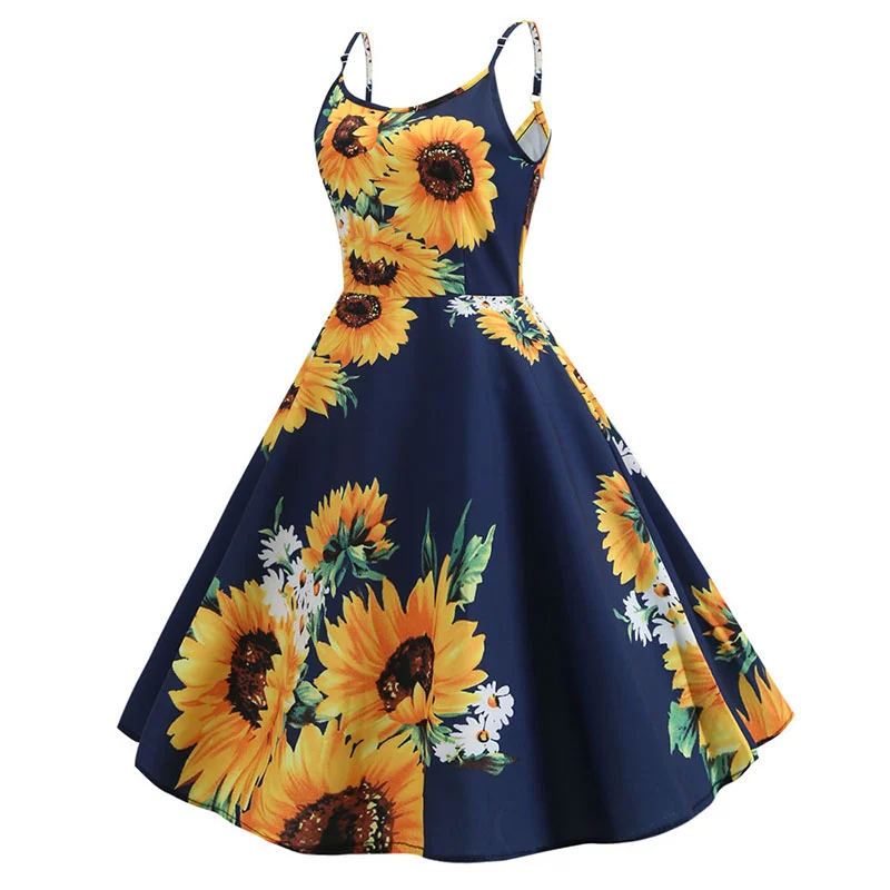 Churchf Sexy Spaghetti Strap Swing Vintage Rockabilly Dresses Floral Summer Beach Dress Women  White Boho Sunflower Midi Dresses-Outfit Ideas