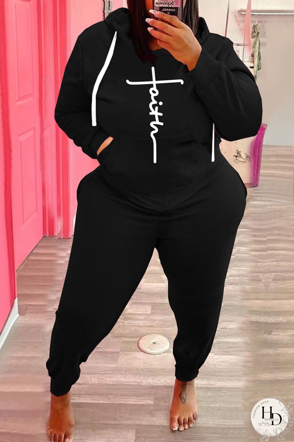 Black Fashion Casual Print Basic Hooded Collar Plus Size Two Pieces