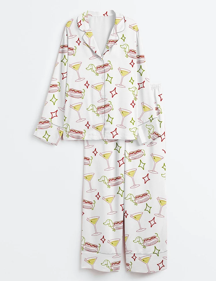 Women&rsquo;s Dachshund Weenies And Tinis Bachelorette Or Birthday Hot Dogs And Martinis Print Long Sleeve Satin Pajama Set