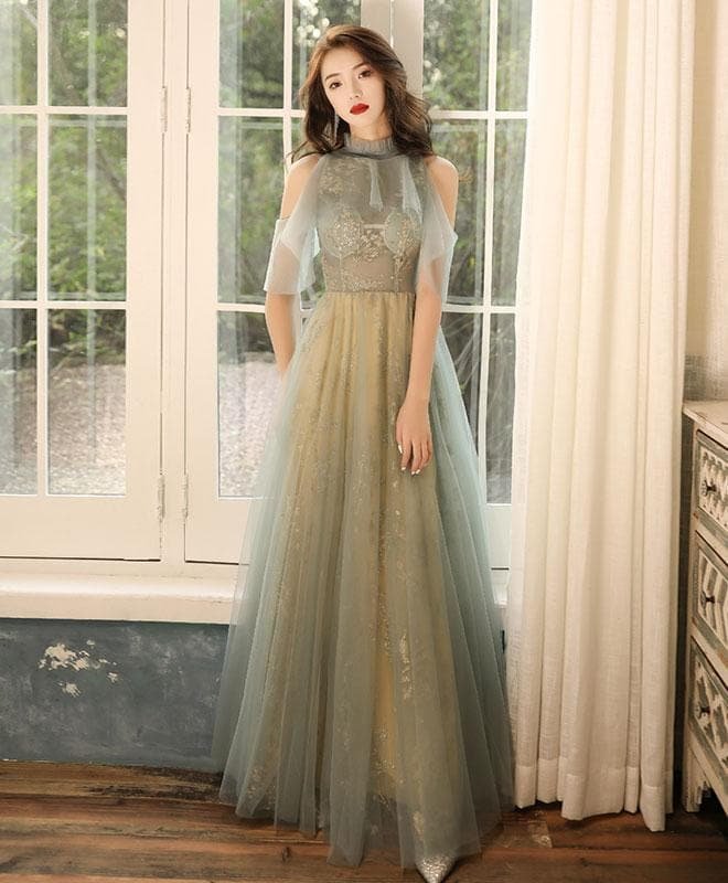 Green Tulle Hight Neck Tulle Lace Long Prom Dress Tulle Formal Dress
