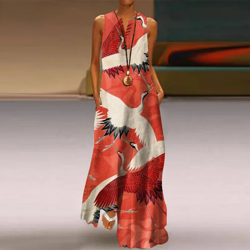 Japanese Art Crane Print V-Neck Sleeveless Maxi Dress