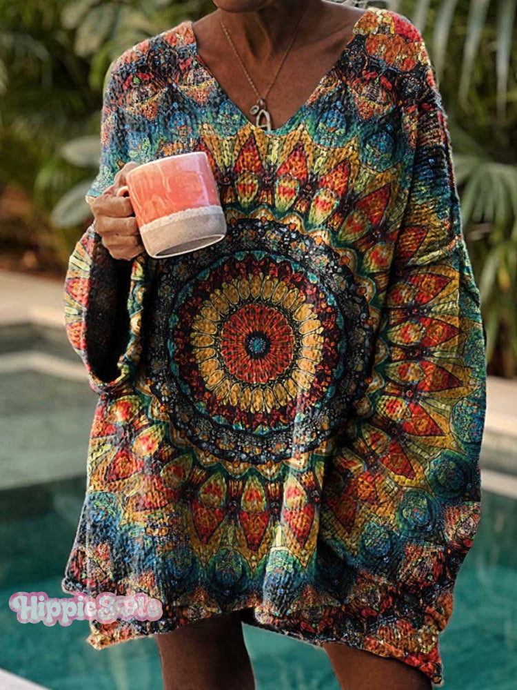 Women’s Retro Ethnic Totem Pattern Love And Peace Art Casual Pullover Sweater Multicolor / M