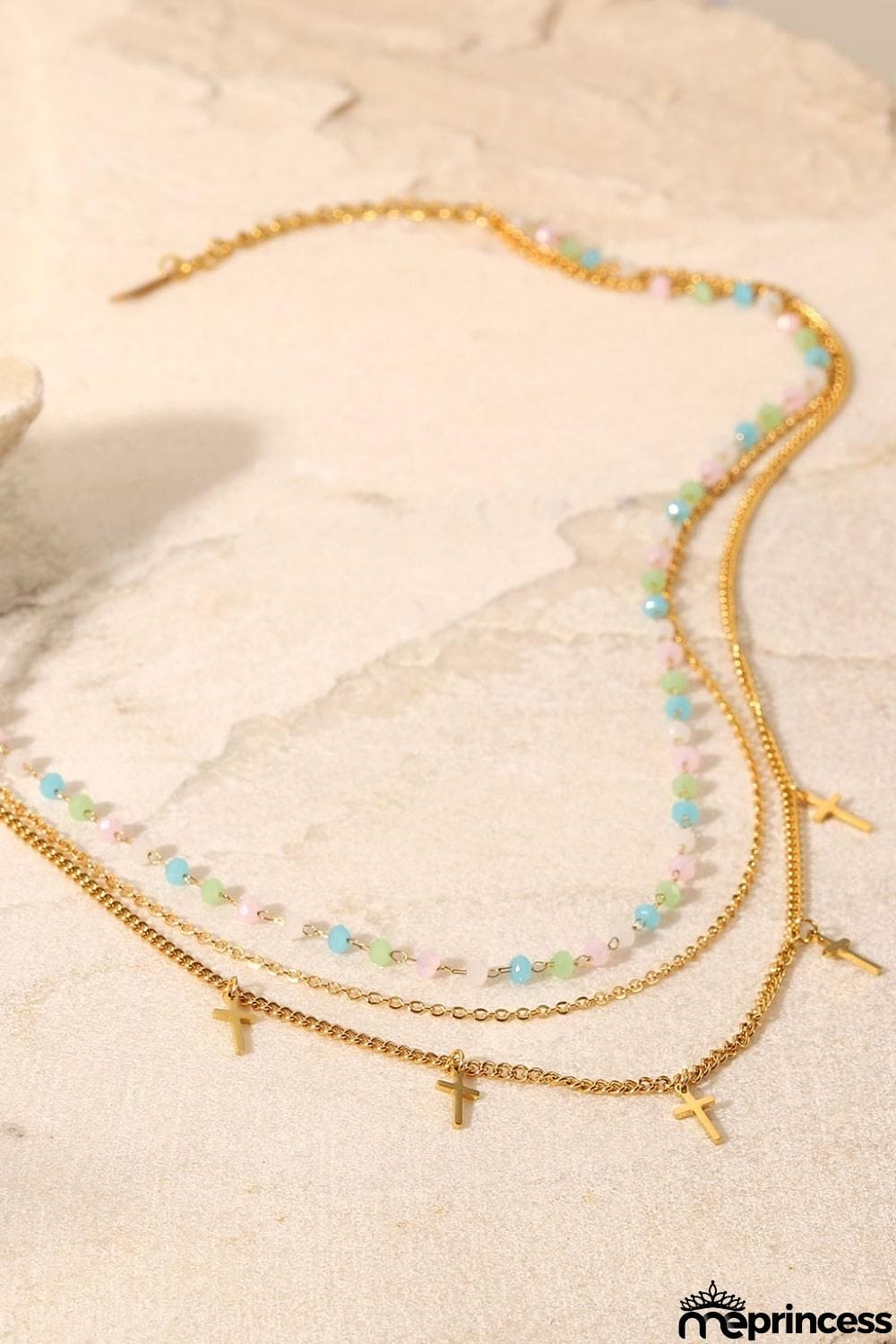 18K Gold Plated Cross Pendant Triple-Layered Necklace