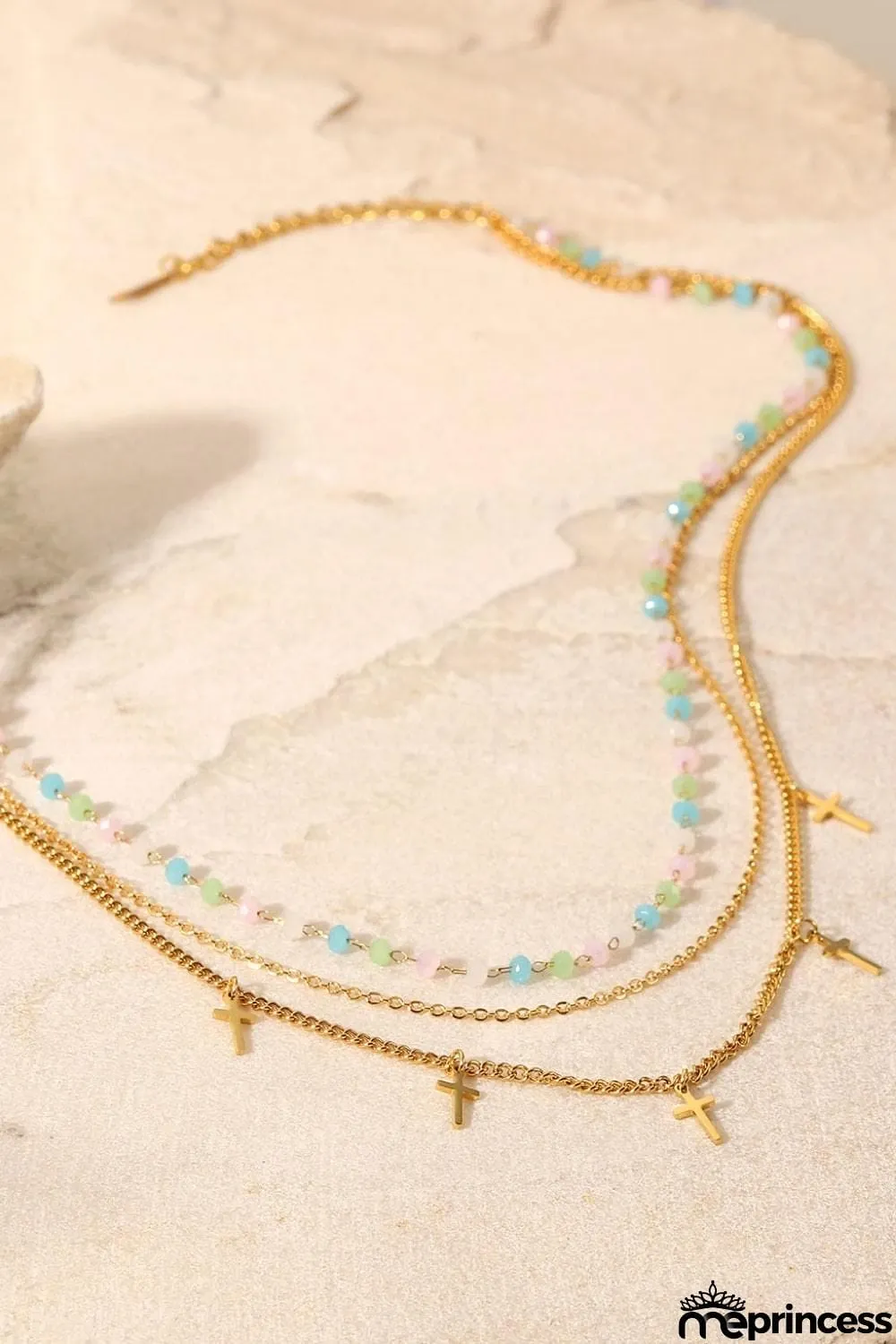 18K Gold Plated Cross Pendant Triple-Layered Necklace