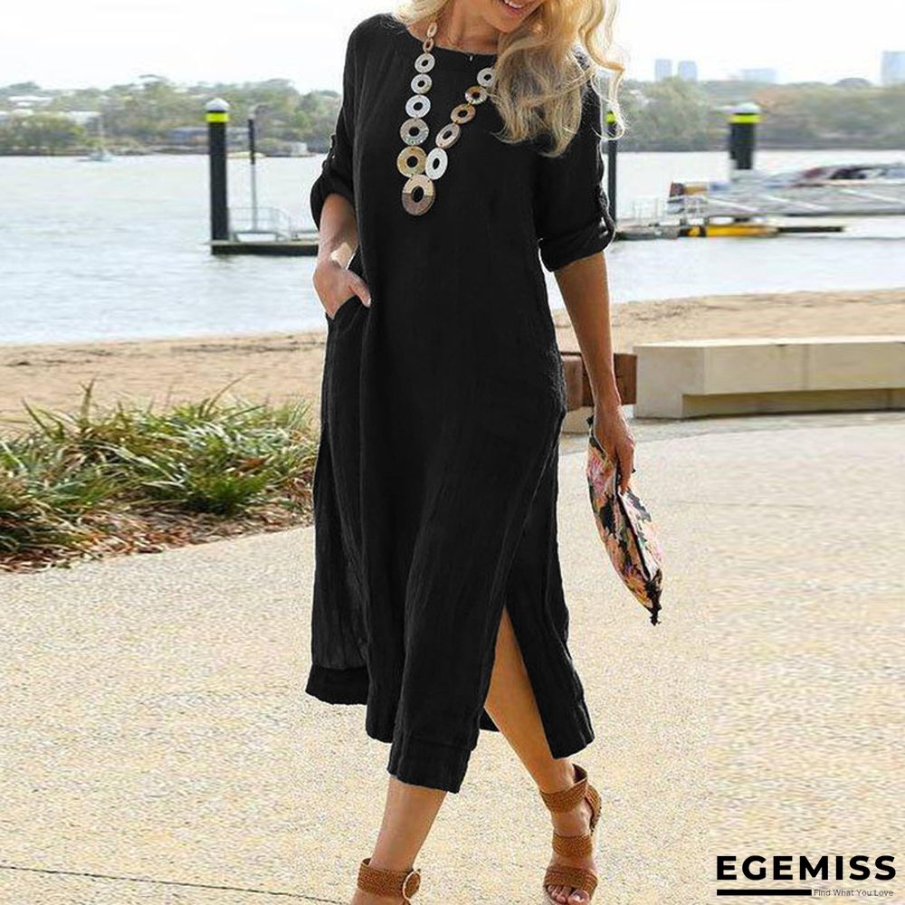Cotton Casual Retro Long Shirt Dress Long Sleeve Hem Slit Skirt | EGEMISS