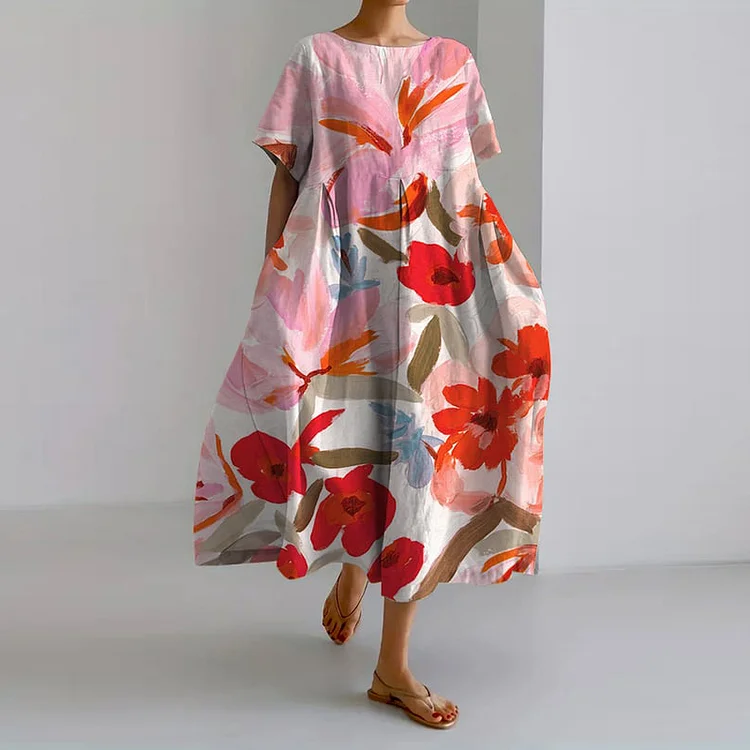 VChics Floral Print Round Neck Short Sleeve Casual Midi Dress