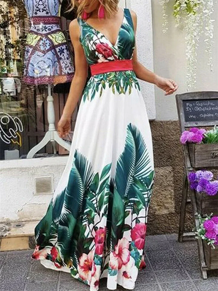Leaf Print V-neck Waist Dress