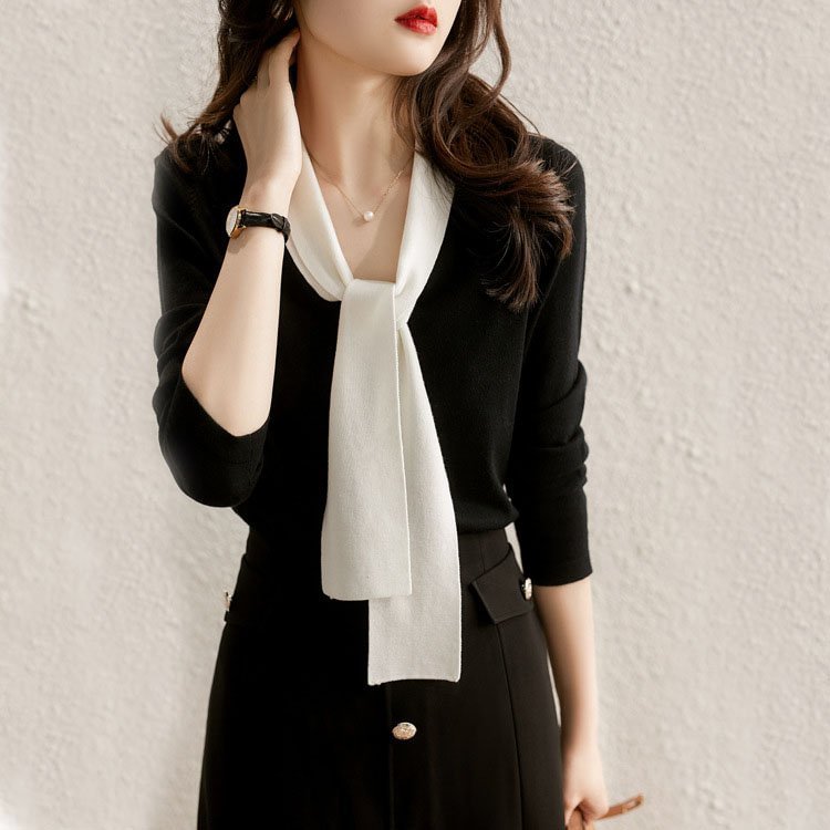 Black V Neck Plain Long Sleeve Shift Shirts & Tops QueenFunky