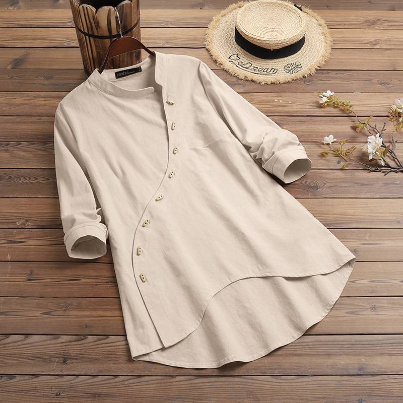 Women Vintage Shirts 2022 Spring Autumn Stylish Long Sleeve Top ZANZEA Casual Solid Asymmetrical Button Oversize Blusa Femininas