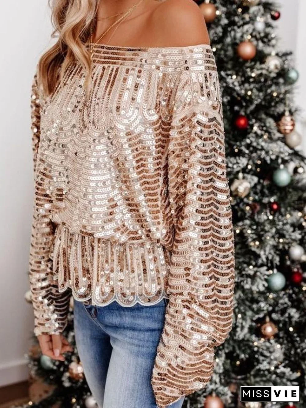 Temperament Round Neck Long Sleeve Pullover Sequin T-Shirt