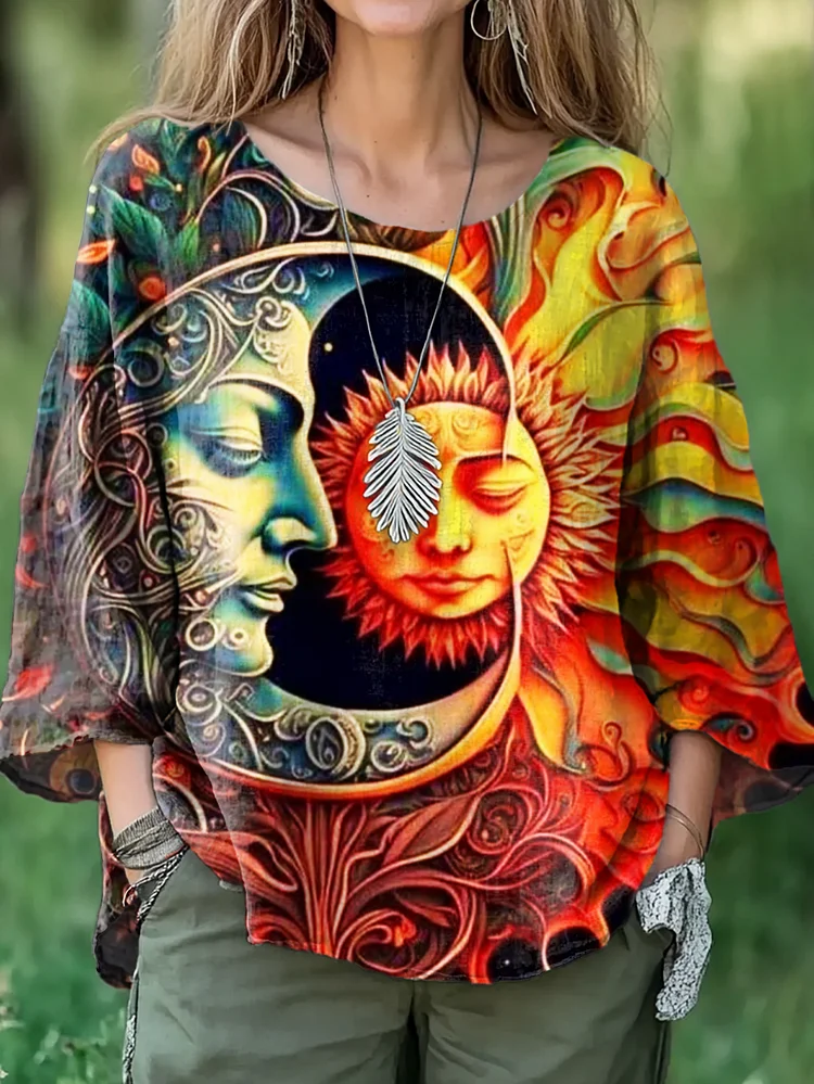 Women's Hippie Sunflower Art Print Casual Cotton And Linen Shirt