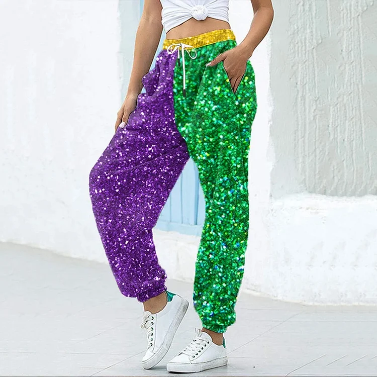 VChics Women's Shiny Mardi Gras Print Casual Pants