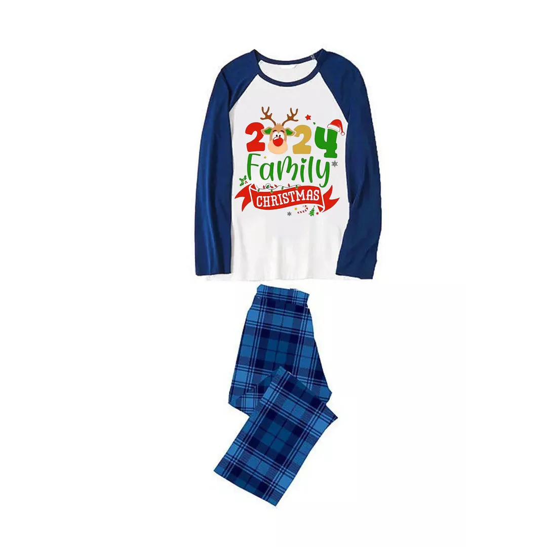 "2024 Family Christmas" Letter and Cute Deer Print Blue & Black Plaid Family Matching Pajamas With Dog