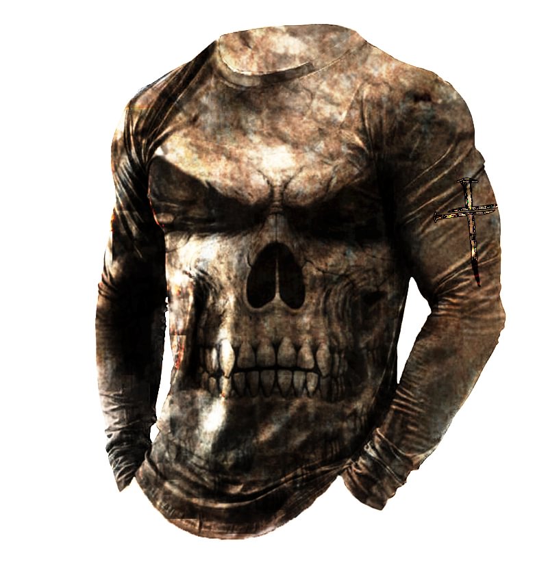 Men's Retro Skull Print Long-sleeved Henley Shirt-Compassnice®