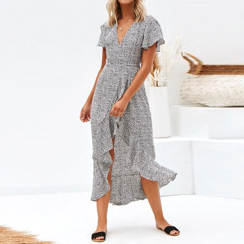 Summer Long Dress 2019 Women Polka Dot Print Beach Dress Chiffon Bohemian Maxi Dress Ruffle Short Sleeve White Sundress Vestidos