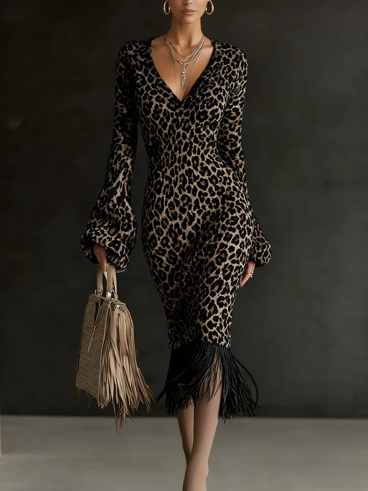 Printed Textured Knitted Tassel Hem Long Sleeve Midi Dress
