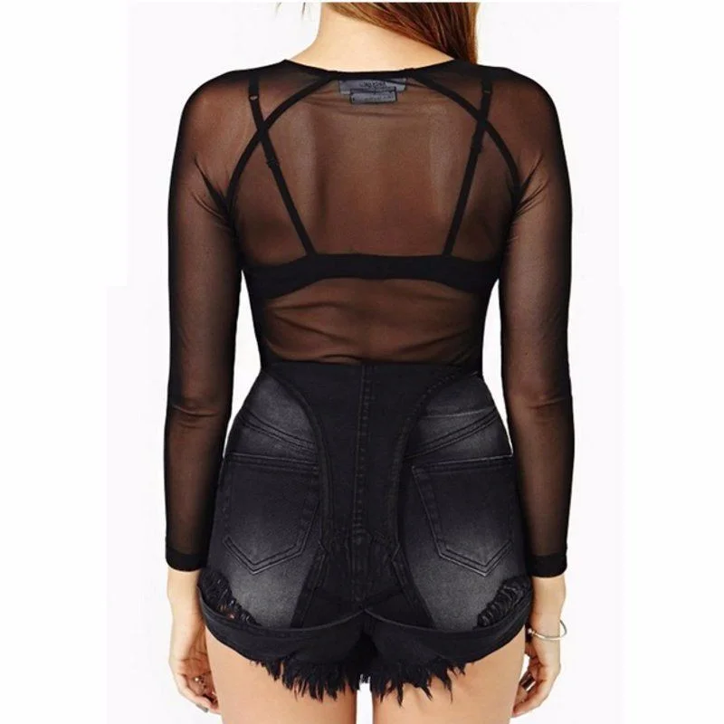 Athvotar Athvotar Spring And Autumn Black All Transparent Mesh Yarn Bottom Shirt Female Long Sleeve Sexy Perspective Thin Net Shirt Super Elastic Gauze Clothes