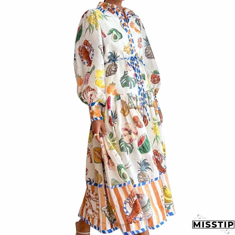 Women's Fashion Casual Lace-Up Floral Print High Waist Long Sleeve Maxi Dress