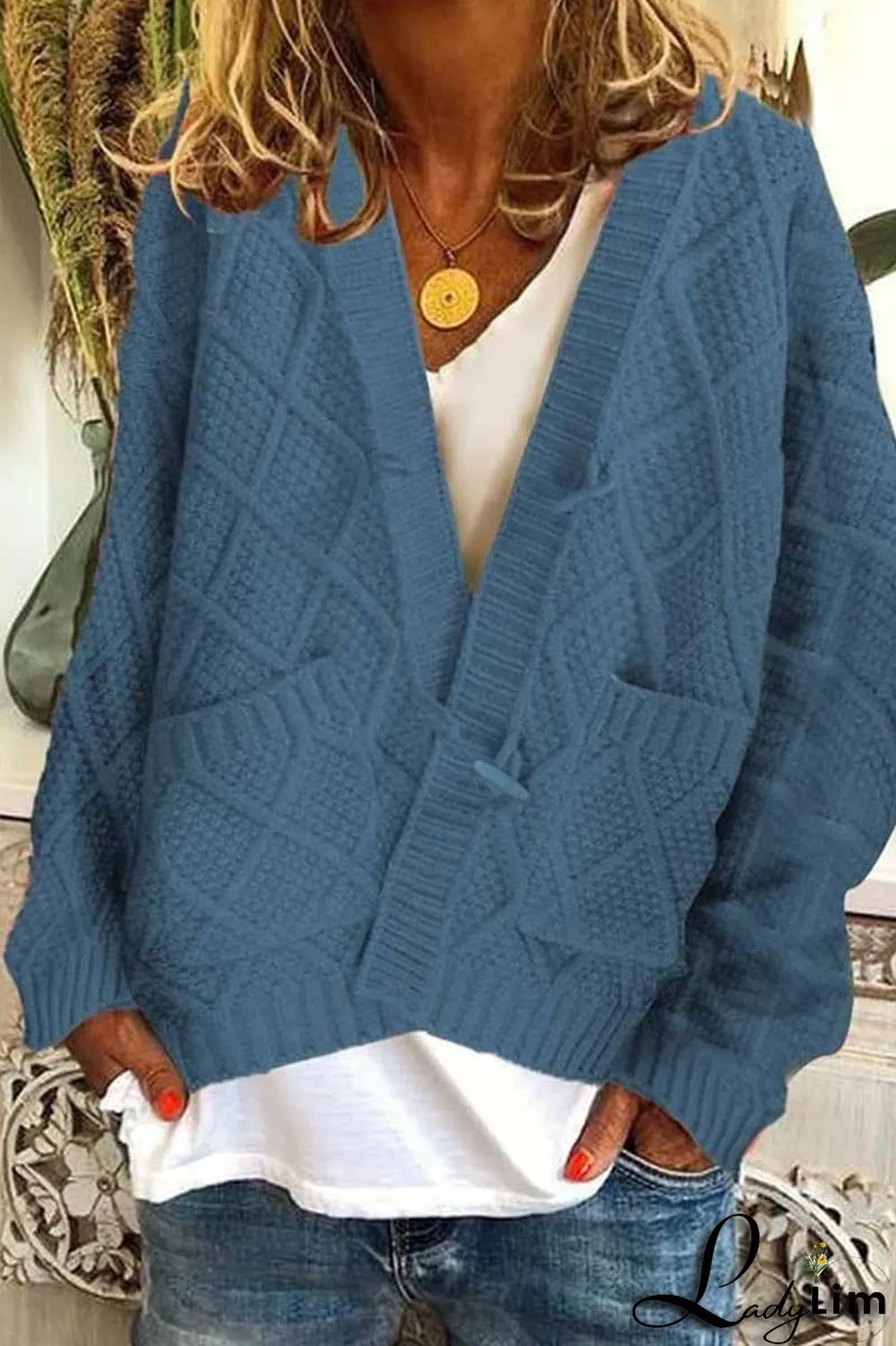 Solid Ribbed Horn Buckle Pockets Cardigan