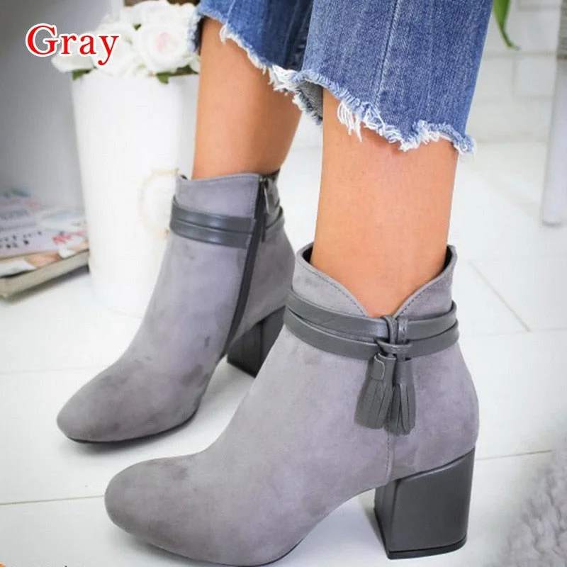 2020 Red Tassel Ankle Shoes  Women's Shoes Single Boots Autumn Winter Pointed Toe Thick with Short Boots