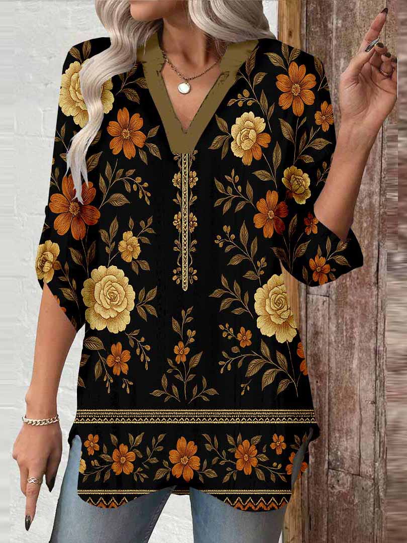 Women Floral,Orange,Black DZGA0310 3/4 Sleeve V-neck Printed Graphic Button Tops