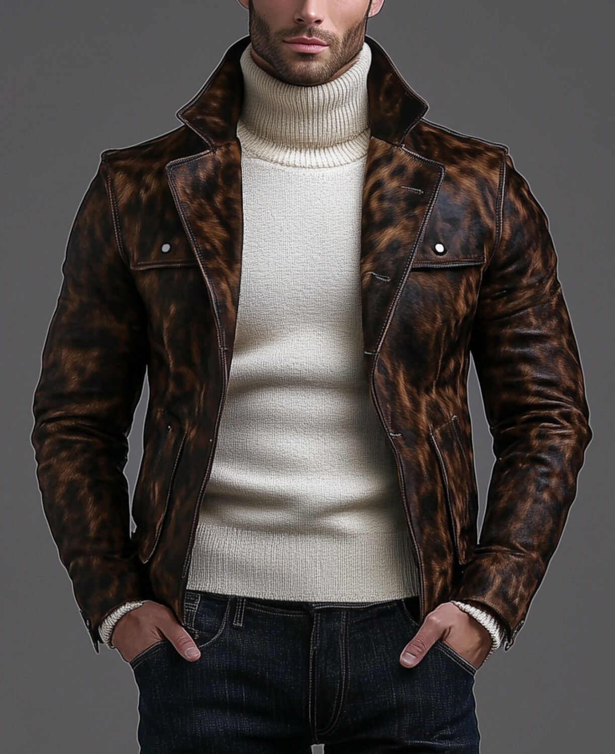 Okaywear PU Leather Leopard Pattern Notch Lapel Long Sleeve Jacket