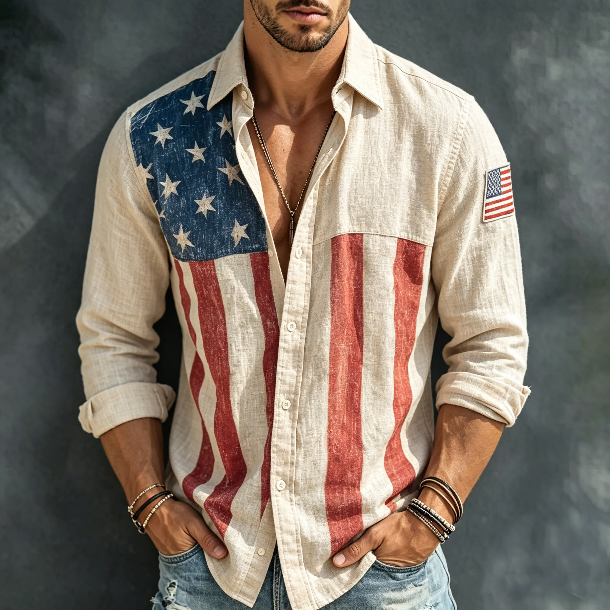  Men's Flag Print Long Sleeve Casual Shirt Westsshops