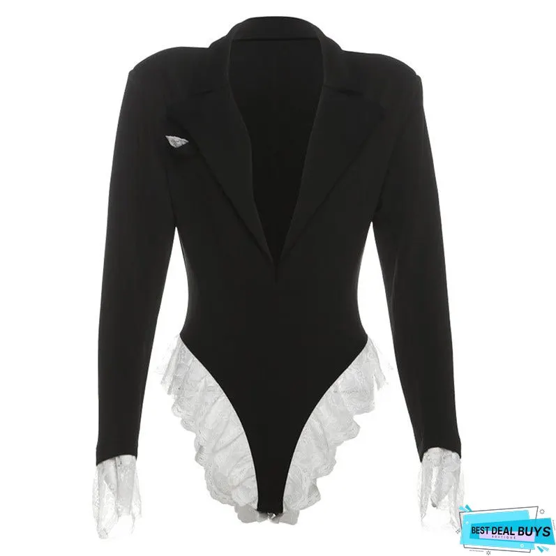 Women's Temperament Sexy Slim Lace Stitching Small Jumpsuits