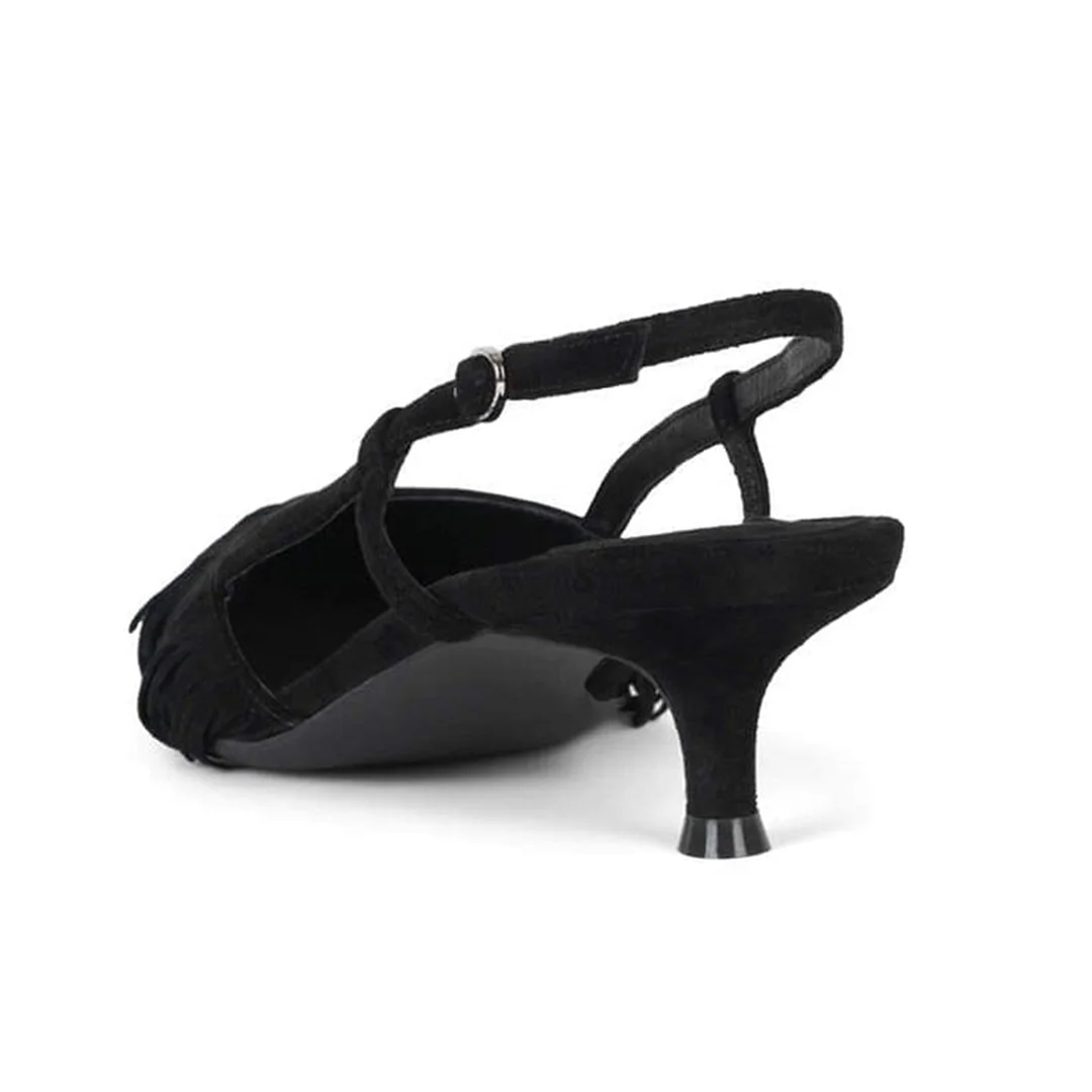 Black Faux Suede Fringe Inlay Buckle Slingback Pumps with Kitten Heel