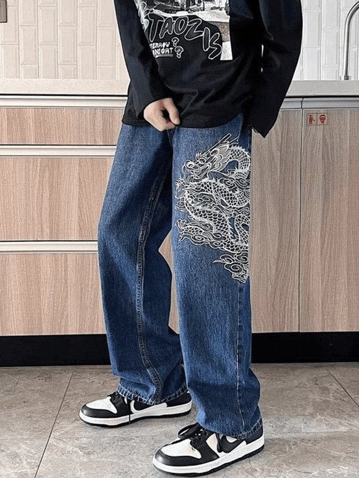 Aonga - Men's Dragon Embroidered Straight Leg Jeans