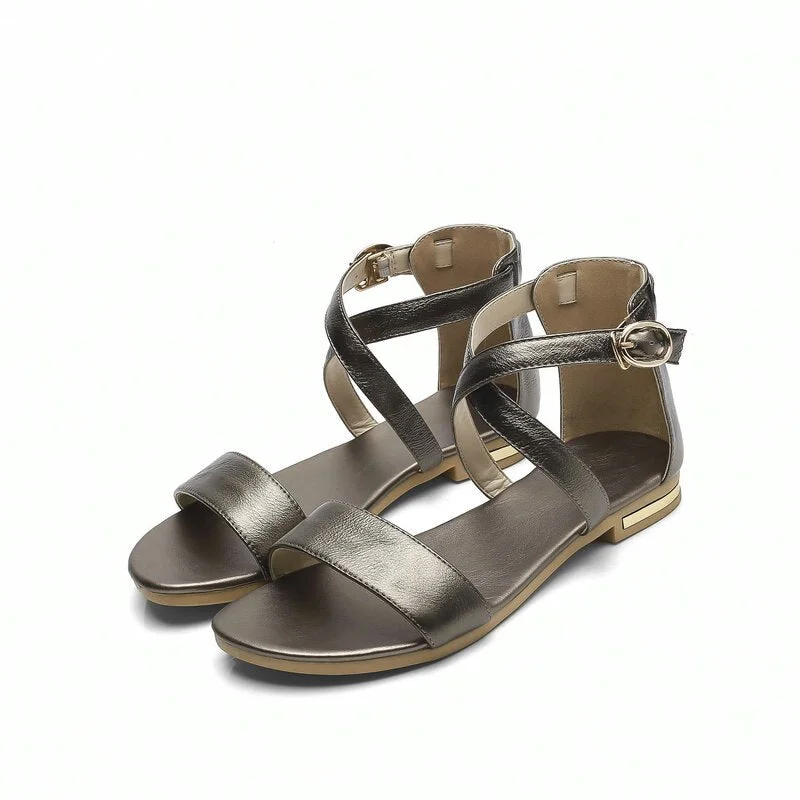 NEMAONE 2018 Genuine Leather Women Sandals Summer Sweet Women Flats Heel Sandals Ladies Shoes Black big size 12 13 14 15