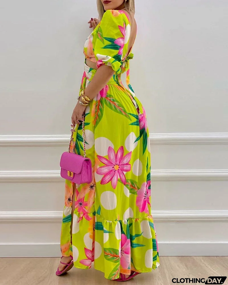 Temperament Printed Long Sleeve V-Neck Backless Dress