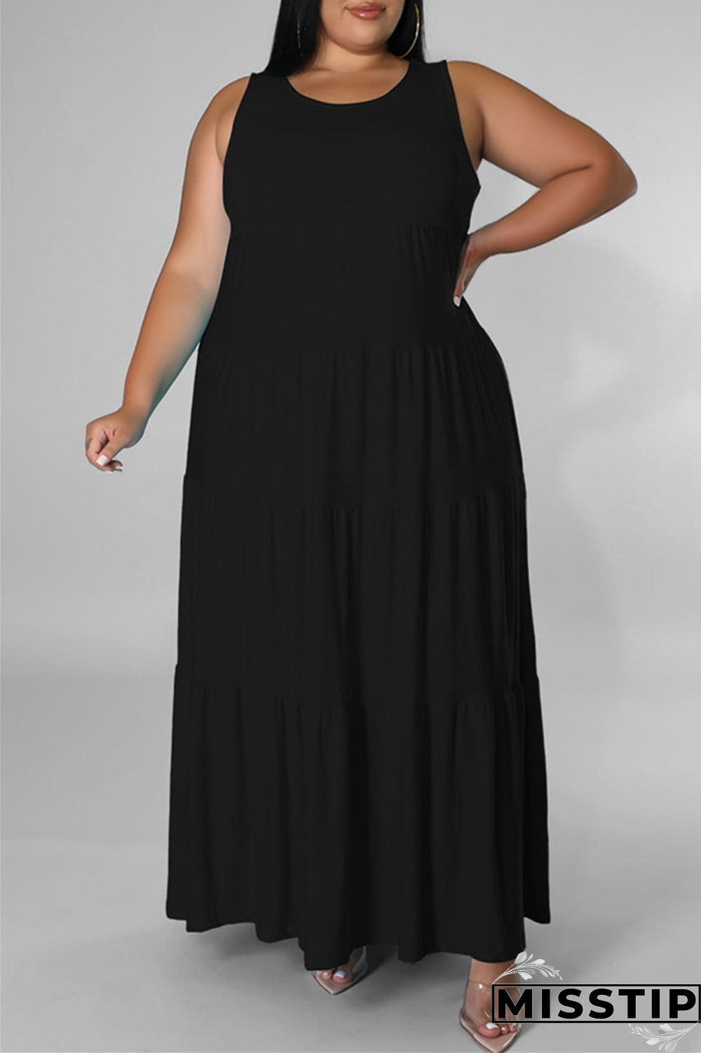 Black Fashion Casual Plus Size Solid Basic O Neck Vest Dress