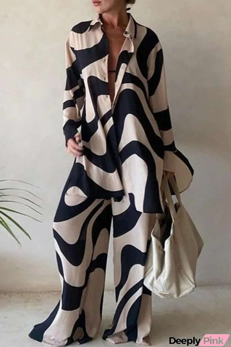 Casual Print Patchwork Turndown Collar Long Sleeve Two Pieces(5 Colors)