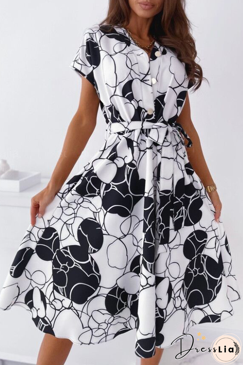 Fashion Elegant Print Buckle With Belt V Neck A Line Dresses