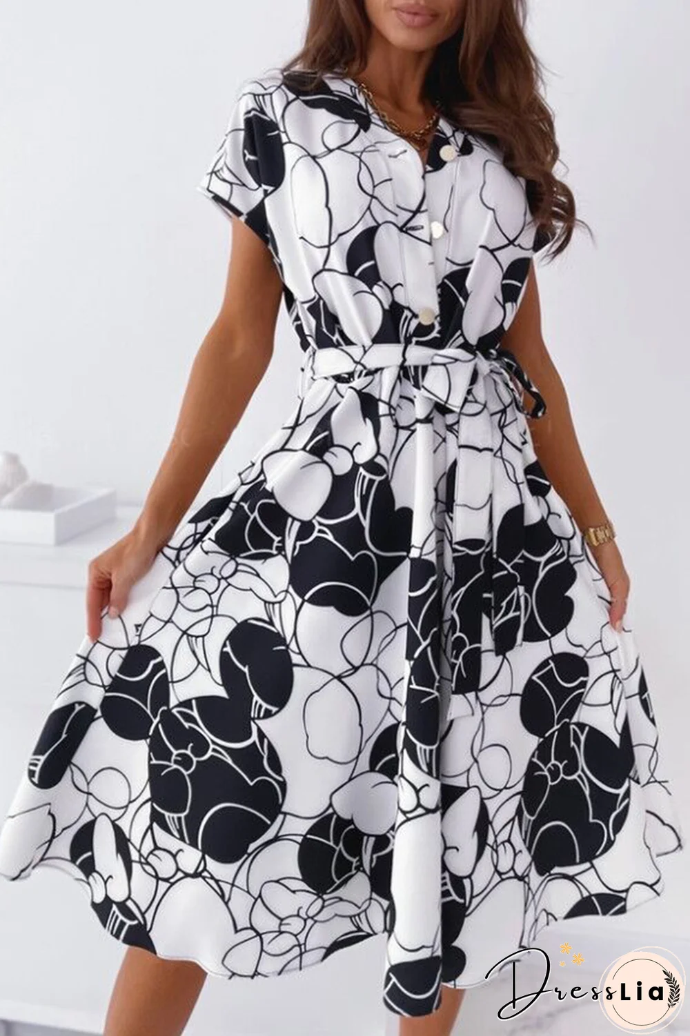 Fashion Elegant Print Buckle With Belt V Neck A Line Dresses