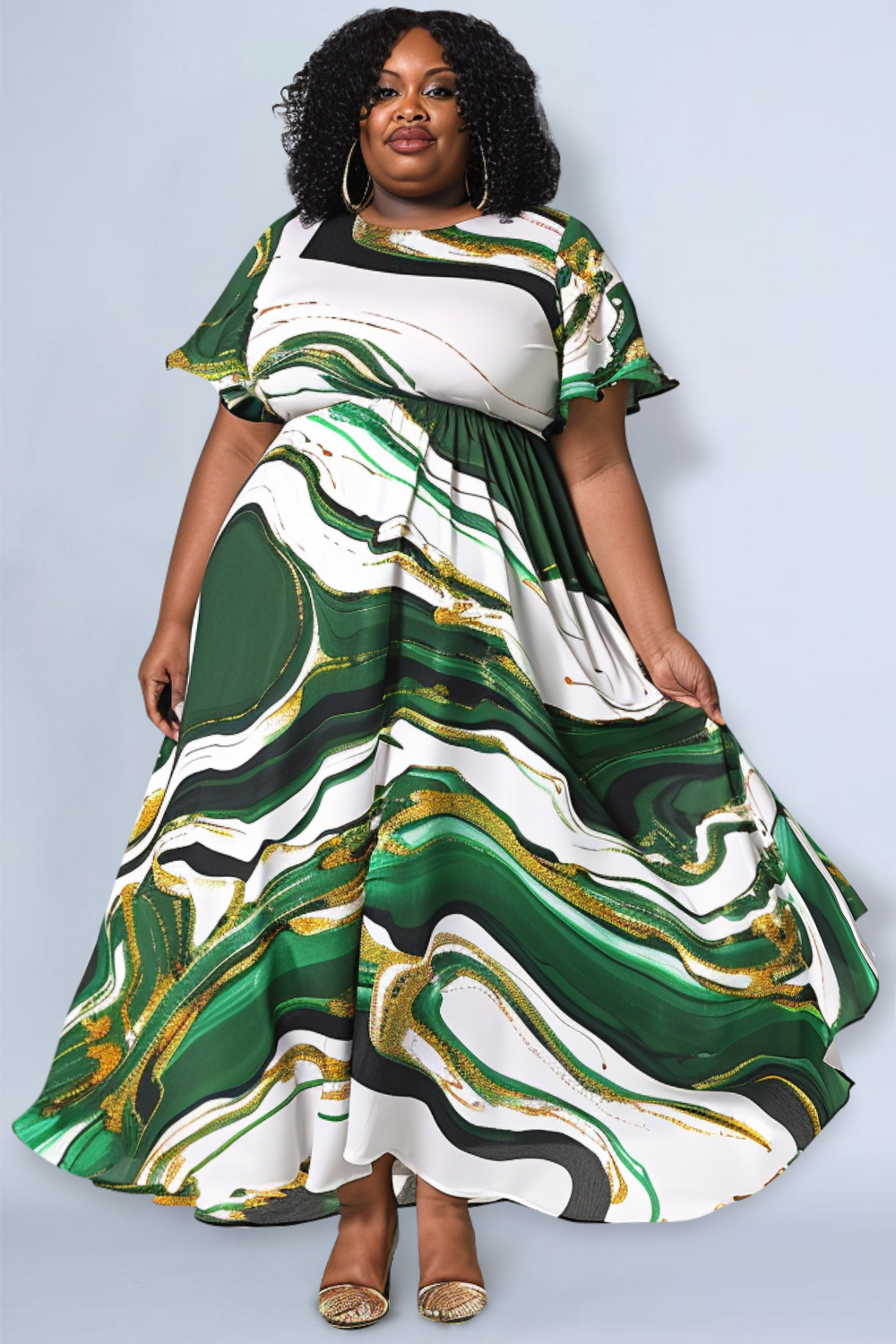 Design Plus Size Casual Green Marble Print Round Neck Short Sleeve Maxi Dresses [Pre-Order]