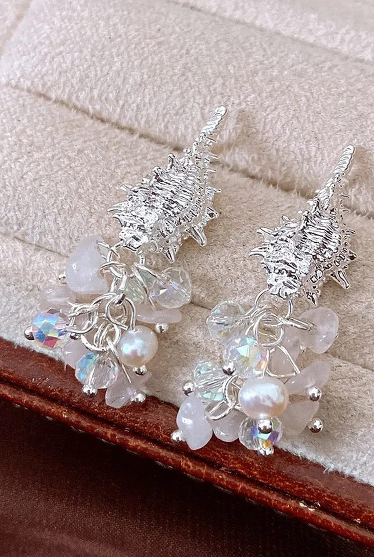 Summer Pearl Dangle Earrings with Conch Bead Fringe