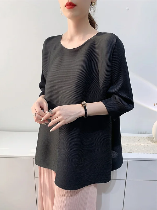 Split-Side Solid Color Pleated Three-Quarter Sleeves Loose Round-Neck T-Shirts Tops