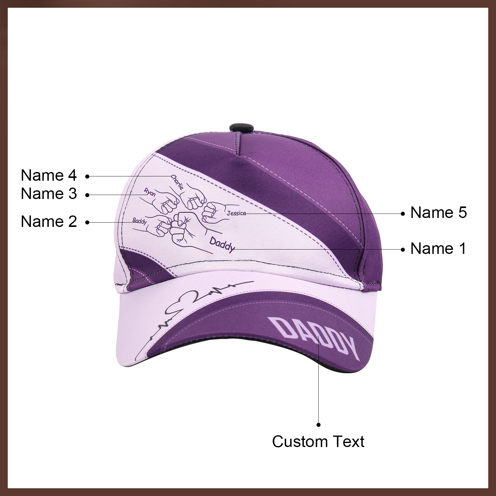 Personalised Fist Bump Classical Baseball Cap Custom 5 Names & 1 Text Snapback Adjustable Gift for Dad/Grandpa/Husband-Jessemade AU