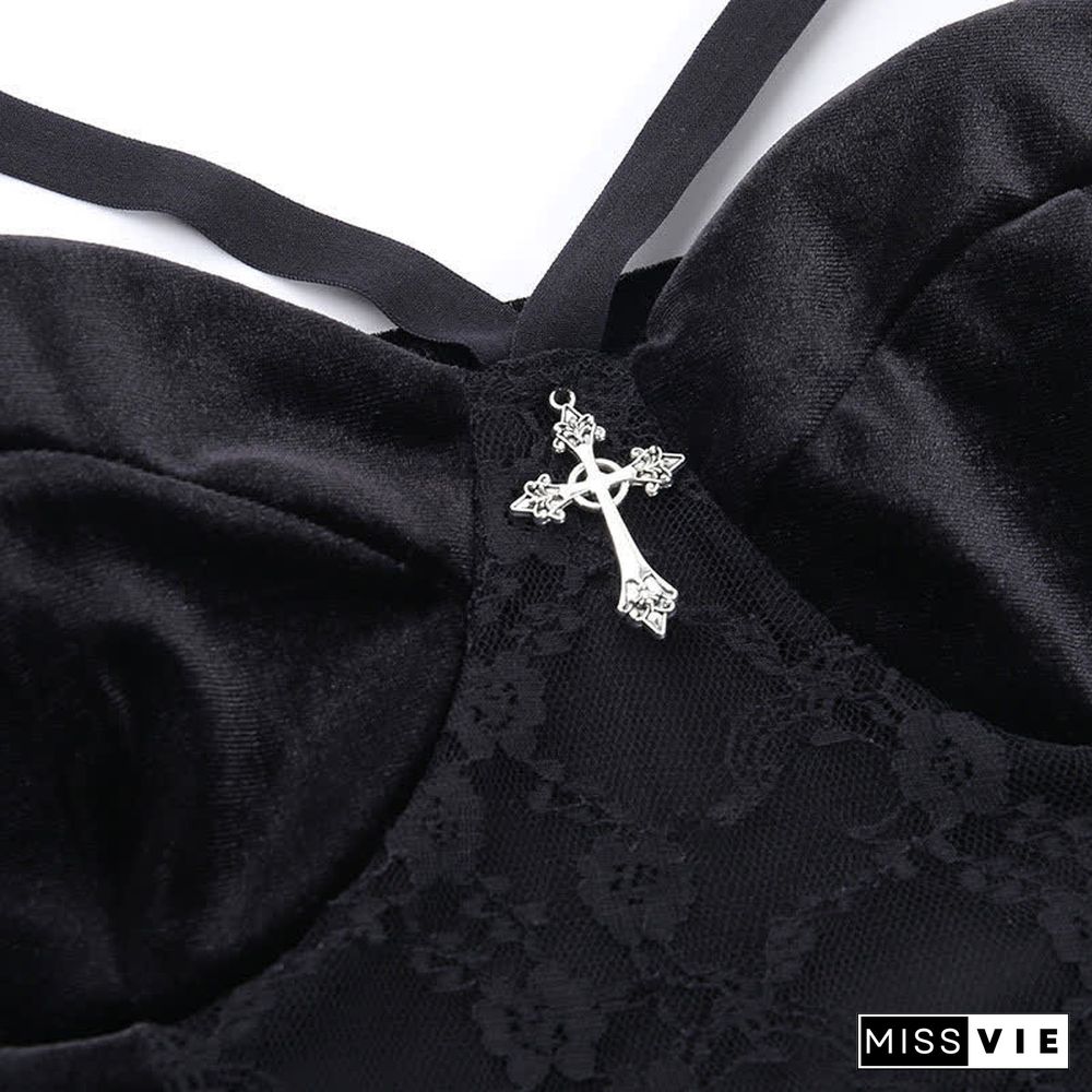 Gothic Cross Buckle Lace Hollow Out Crop Top