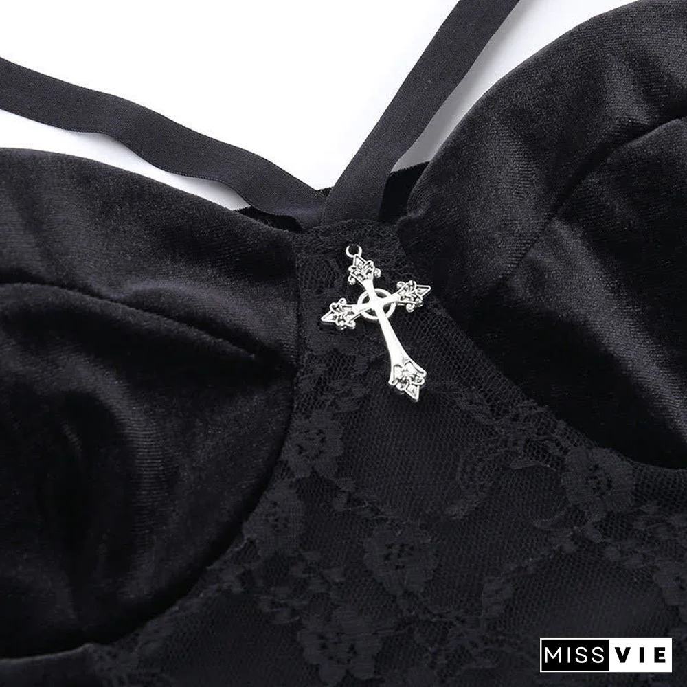 Gothic Cross Buckle Lace Hollow Out Crop Top