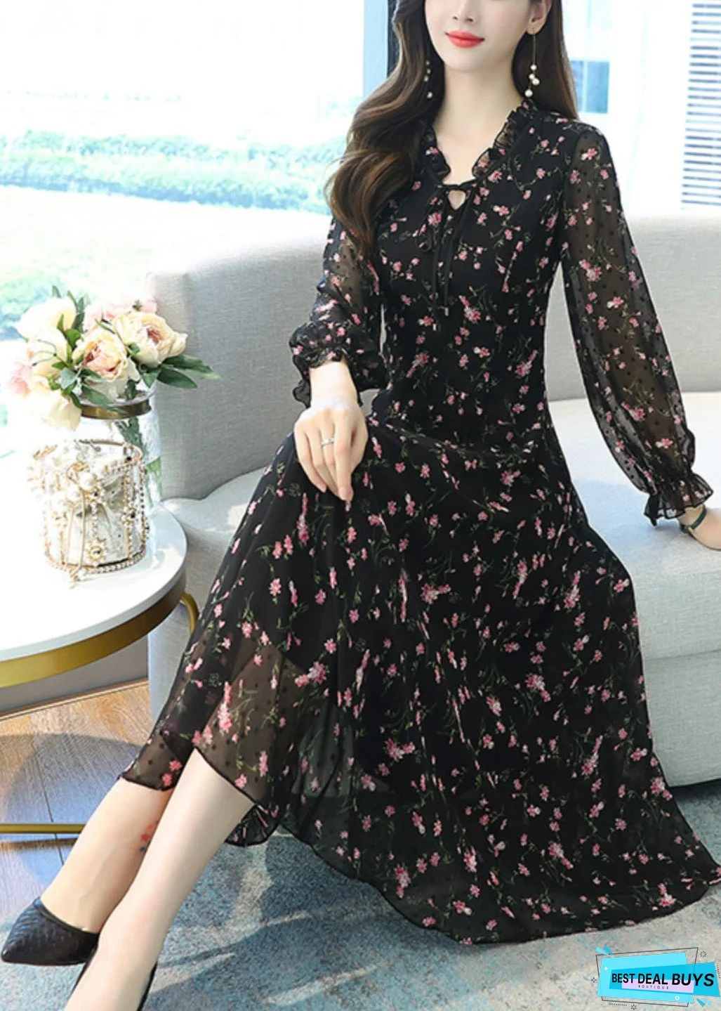 Women Black Ruffled Print Chiffon Long Dress Spring