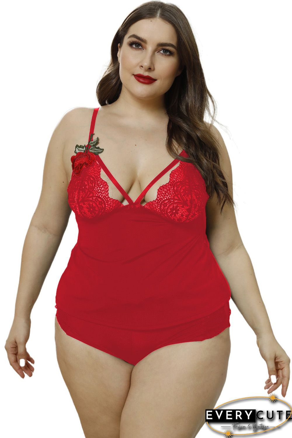 Red Plus Size Floral Embroidery Lace Cami Set