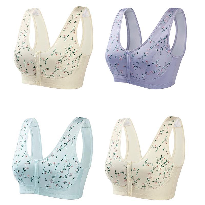 Bra For Older Women soft No Rims beautiful pattern Front Button Bra 3 PCS