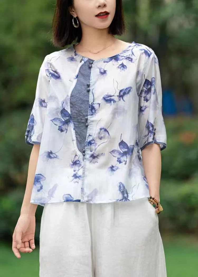 Beautiful Blue Print Patchwork Linen Shirts Short Sleeve